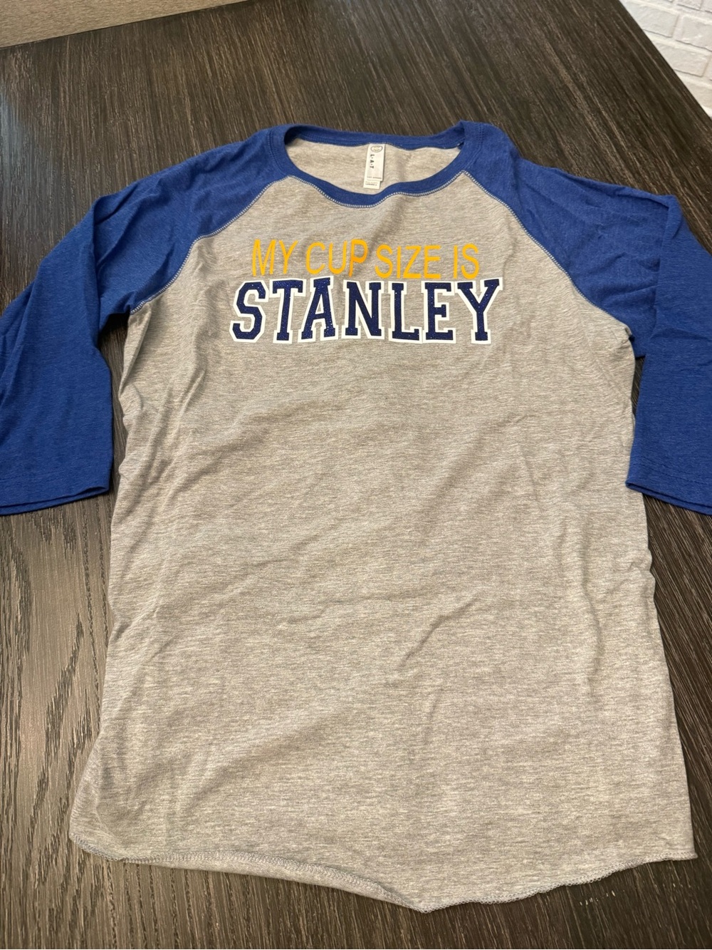 STL Blues Hockey Gray & Royal Blue Raglan Tee with 'My Cup Size is Stanley'